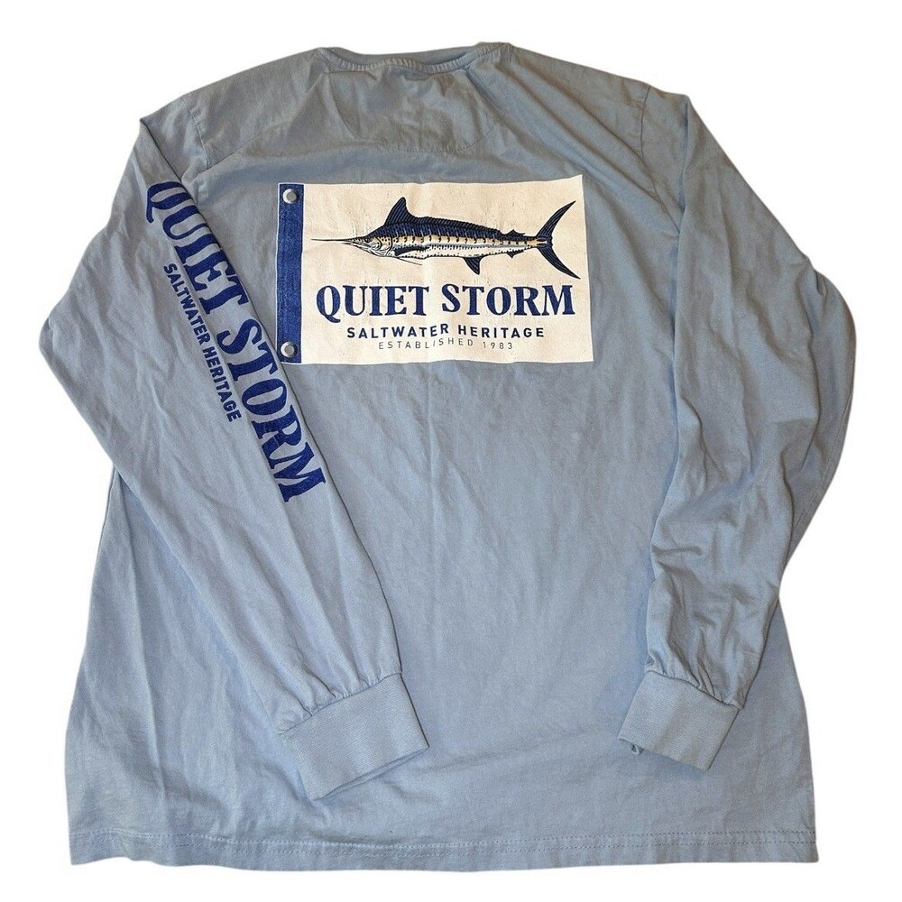 Quiet Storm Surf Shop Marlin Long Sleeve Pocket T-Shirt Light Blue Men's Size S